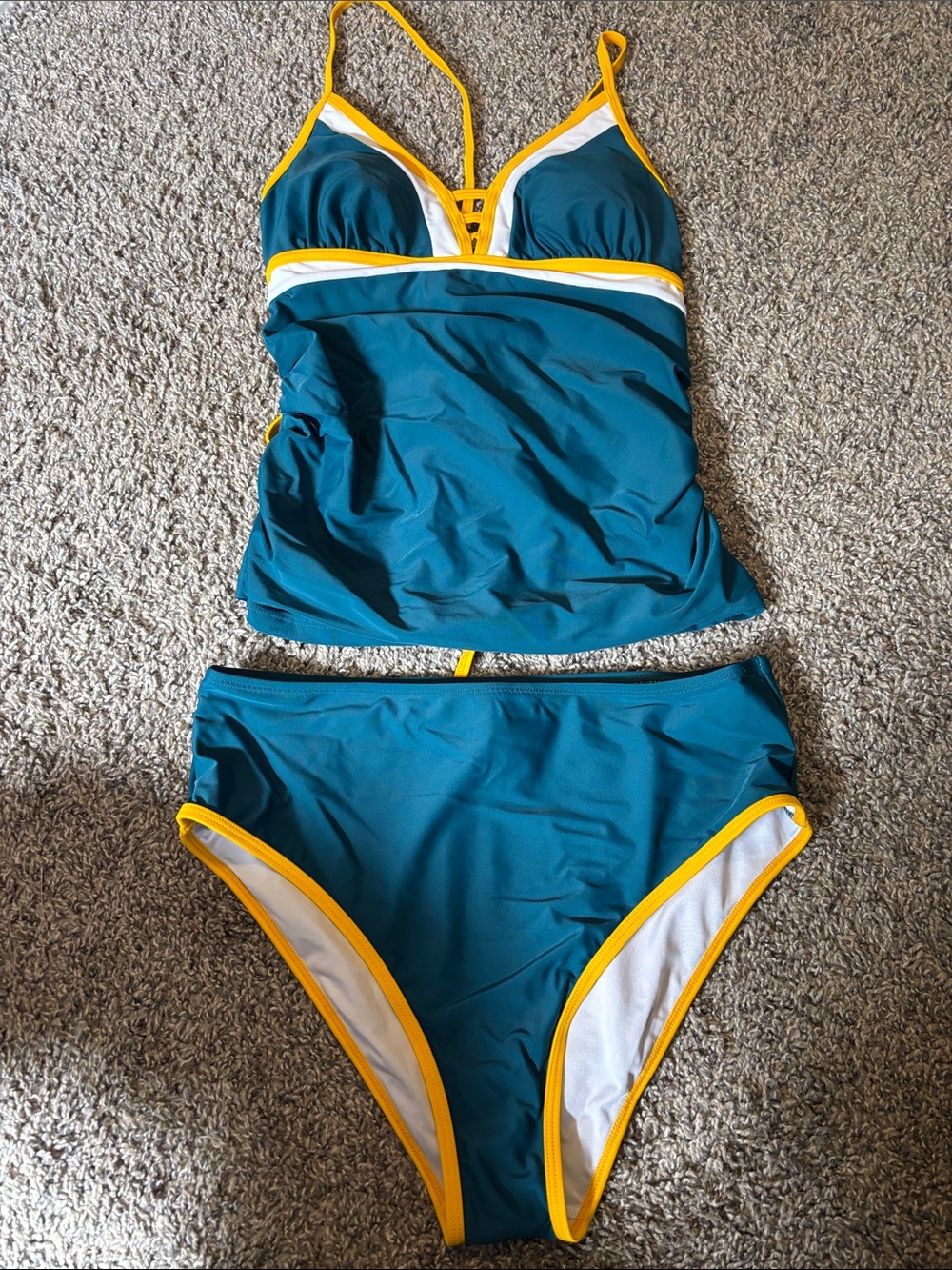 Cupshe Teal Two-Piece Tankini with Yellow Trim
